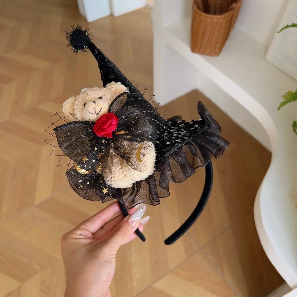 Lace Halloween Witch Hat Hair Hoop Flower Cartoon Halloween Party Hair Band Bow Party Decor Hat Halloween Headband