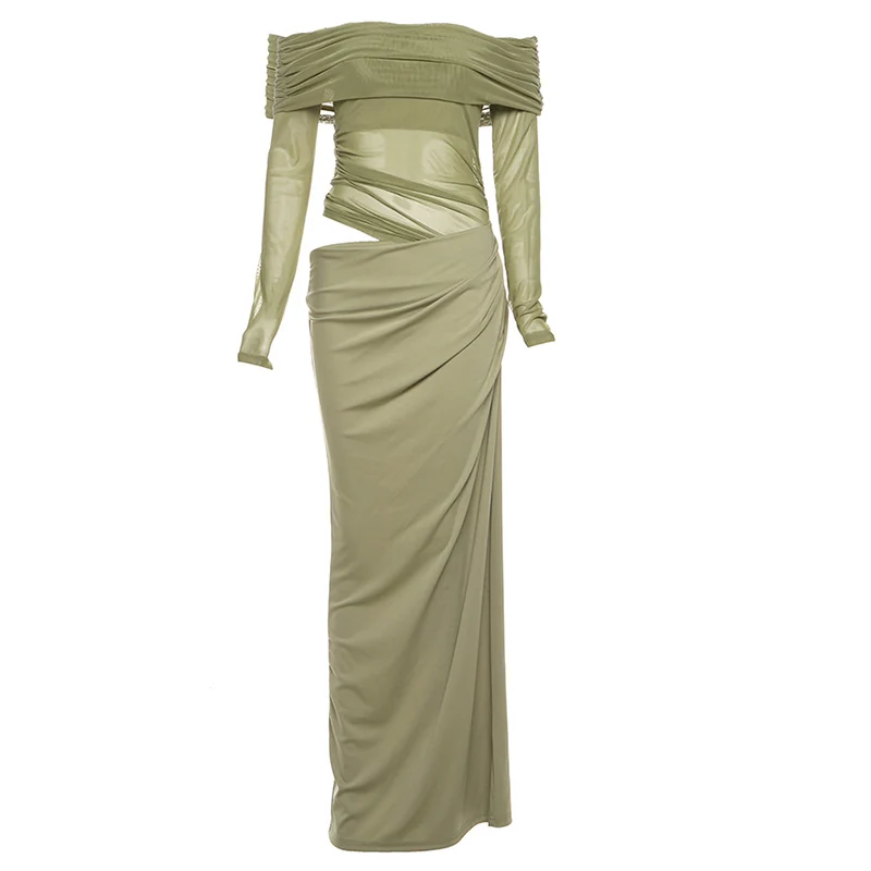 

​​Emerald Sheer Off Shoulder Dress Women's Ethereal Mystique Cut Out Waist Defined Mermaid​​