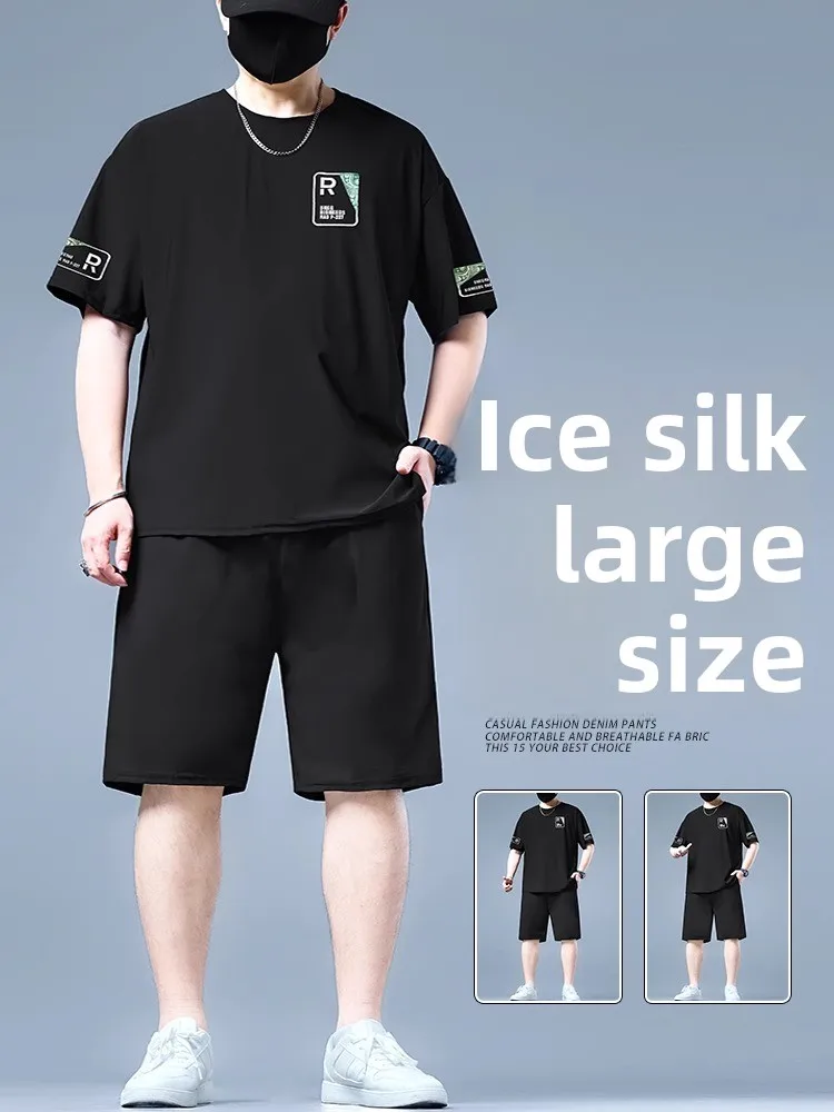 

Summer Ice Silk Loose Fit Men's Casual Wear Five-Quarter Pants Two-Piece Set plus Size Comfortable Breathable Polyester Fiber