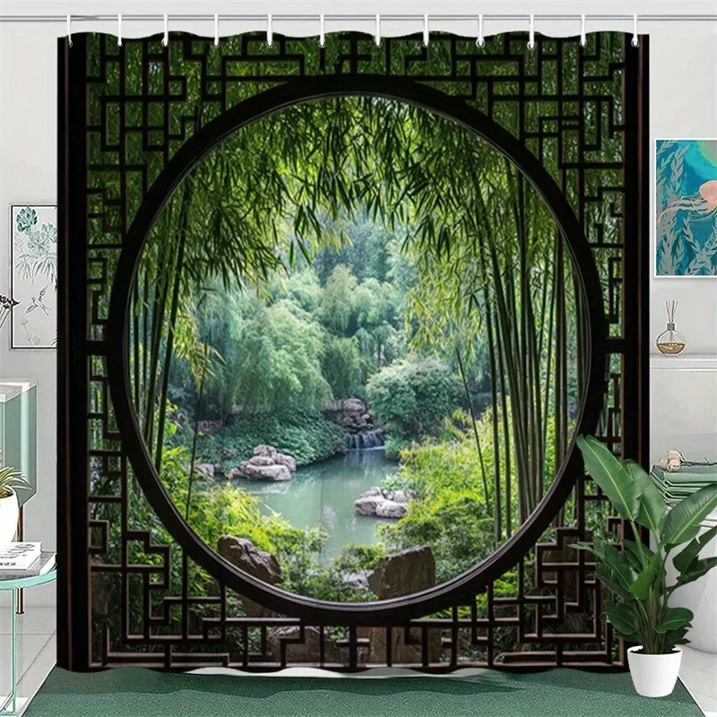Elevate Your Bathroom with this Waterproof Shower Curtain Featuring a Traditional Chinese Garden for Serenity and Style