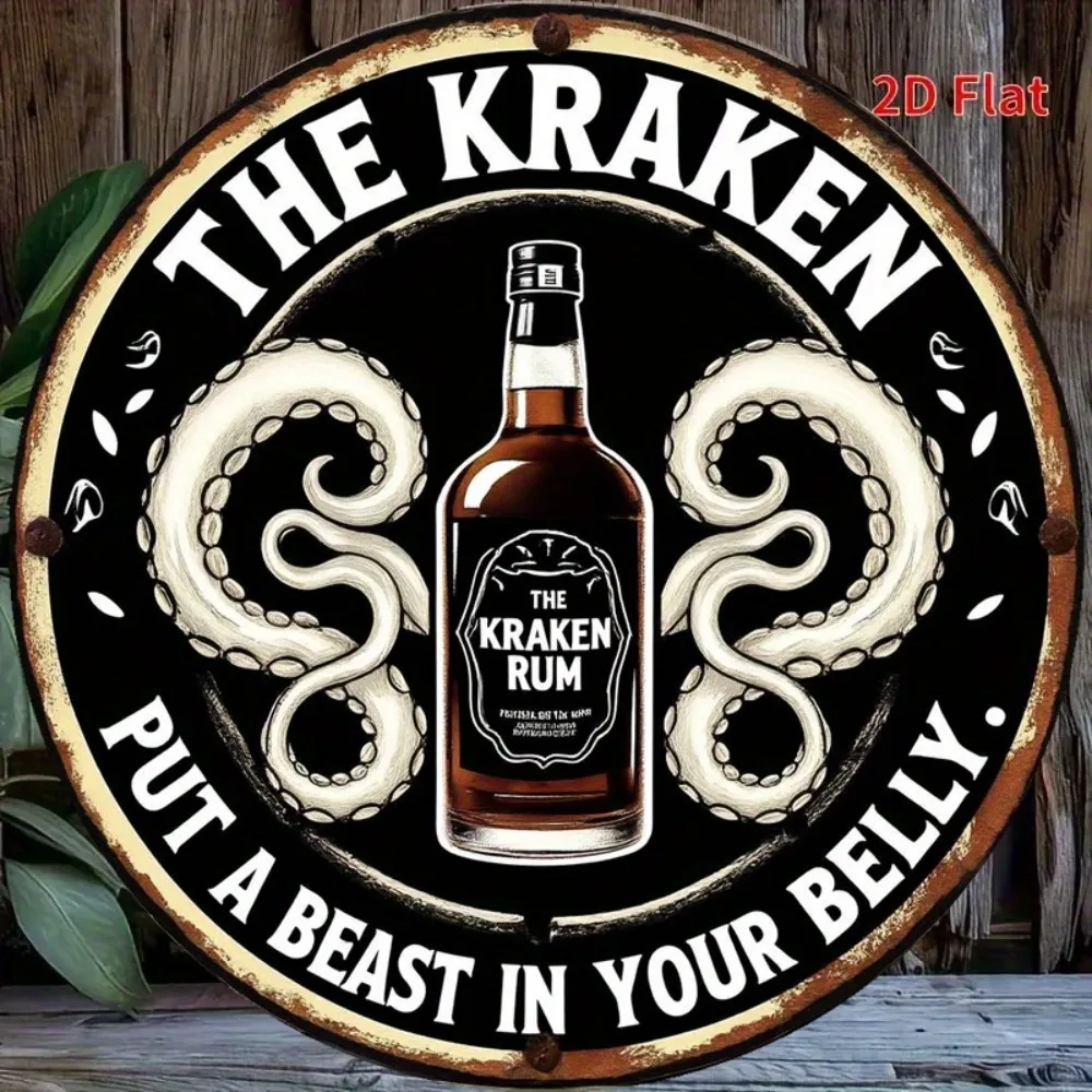 OceanThemedKrakenCo 2D Kraken Rum Retro الألومنيوم جدار الفن - خمر بحري اللامسة جولة المحيط موضوع ديكور