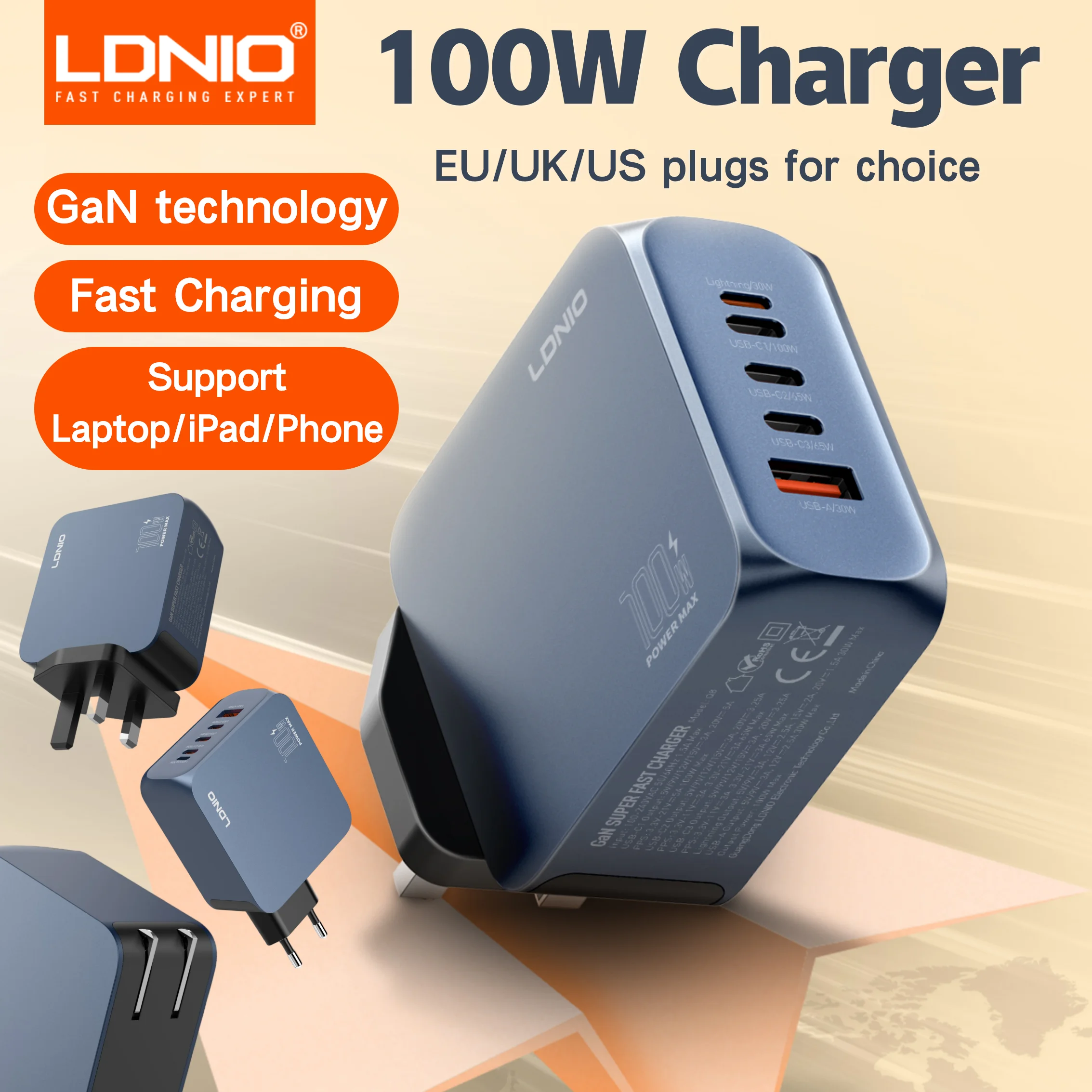 

LDNIO GaN 100 Вт USB C Зарядное устройство 4-портовое компактное настенное зарядное устройство Адаптер питания для MacBook Pro/Air, iPad, iPhone 16, Galaxy, ноутбука