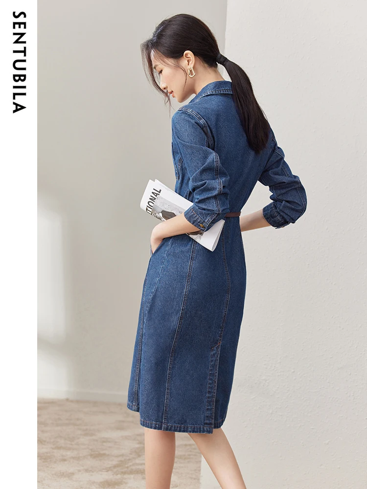 SENTUBILA 100% Cotton Denim Dresses Women 2024 Autumn Long Sleeve Button Up Midi Temperament Trendy Belt Dress Female W33L50577