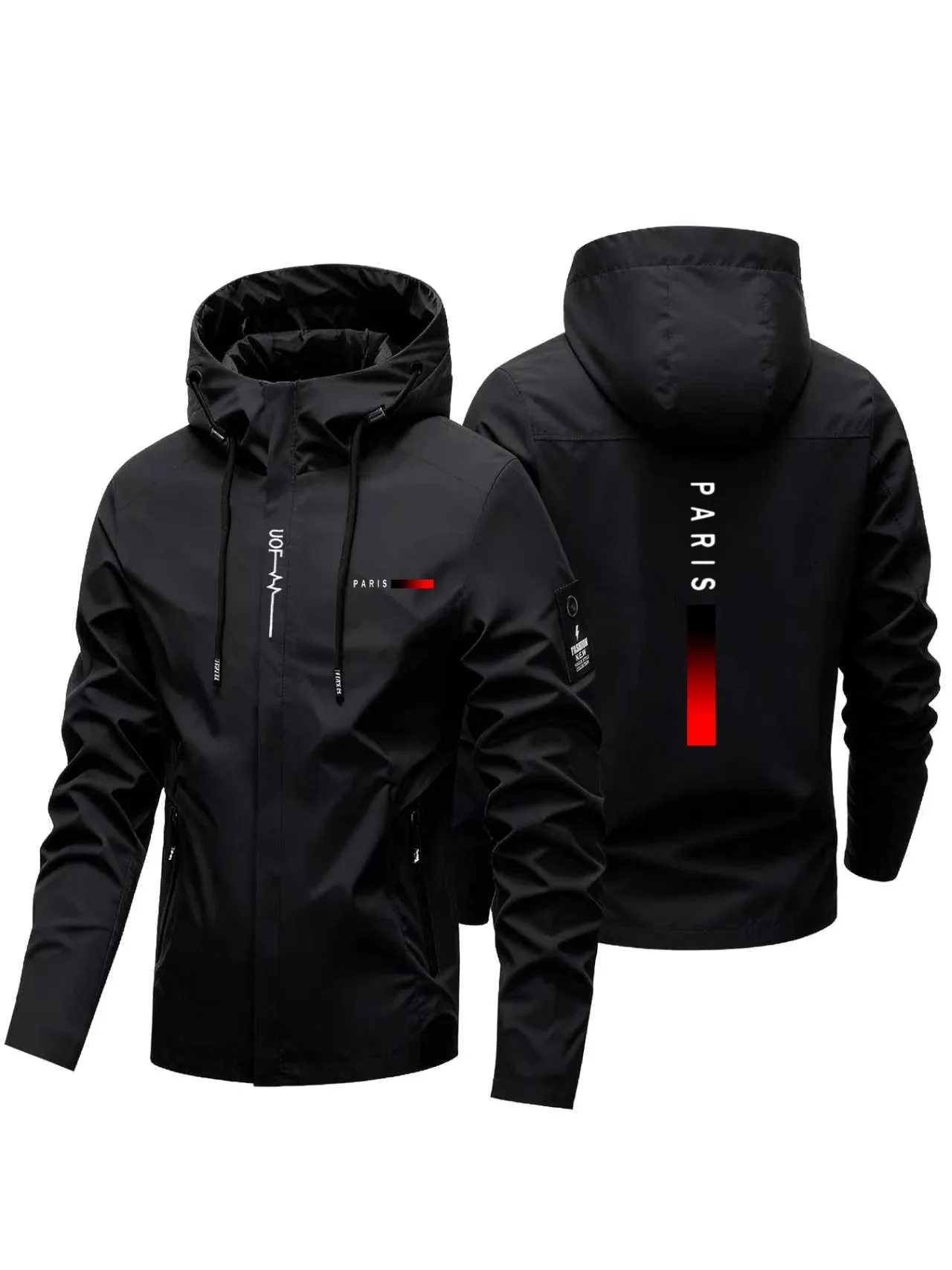 Men Streetwear Hooded Outdoor Jacket Back Vertical PARIS Letter Gradient Bar Graphic Print Windbreaker Casual Hiking Travel Coat
