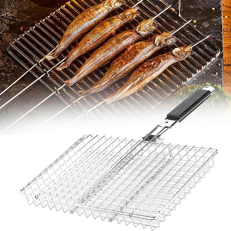 Folding Grill Basket Barbecue Fish Grilling Basket Lightweight Stainless Steel Grill Clip Net for Camping Outdoor Meat