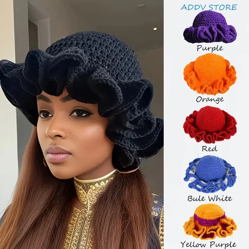 

Adult Lace Woolen Cap Fashion Personality Strange Crochet Ruffled Hat Handmade Crochet Ruffles Bucket Hat