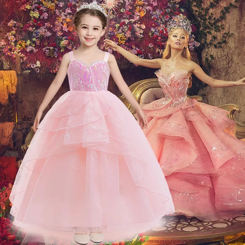 L2025l novas meninas malvado glinda cosplay traje rosa casamento princesa vestido de noite festa de halloween roupa menina celebridade charact