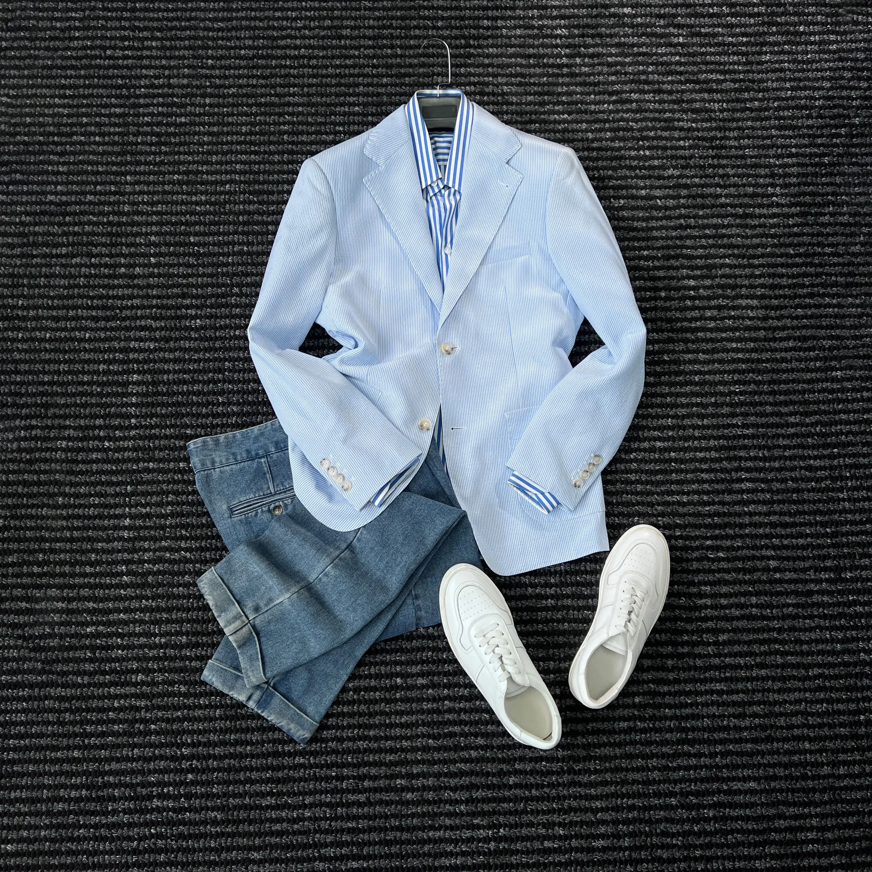 Upstart old money classic striped flat barge collar suit men's casual commuter bubble yarn suit