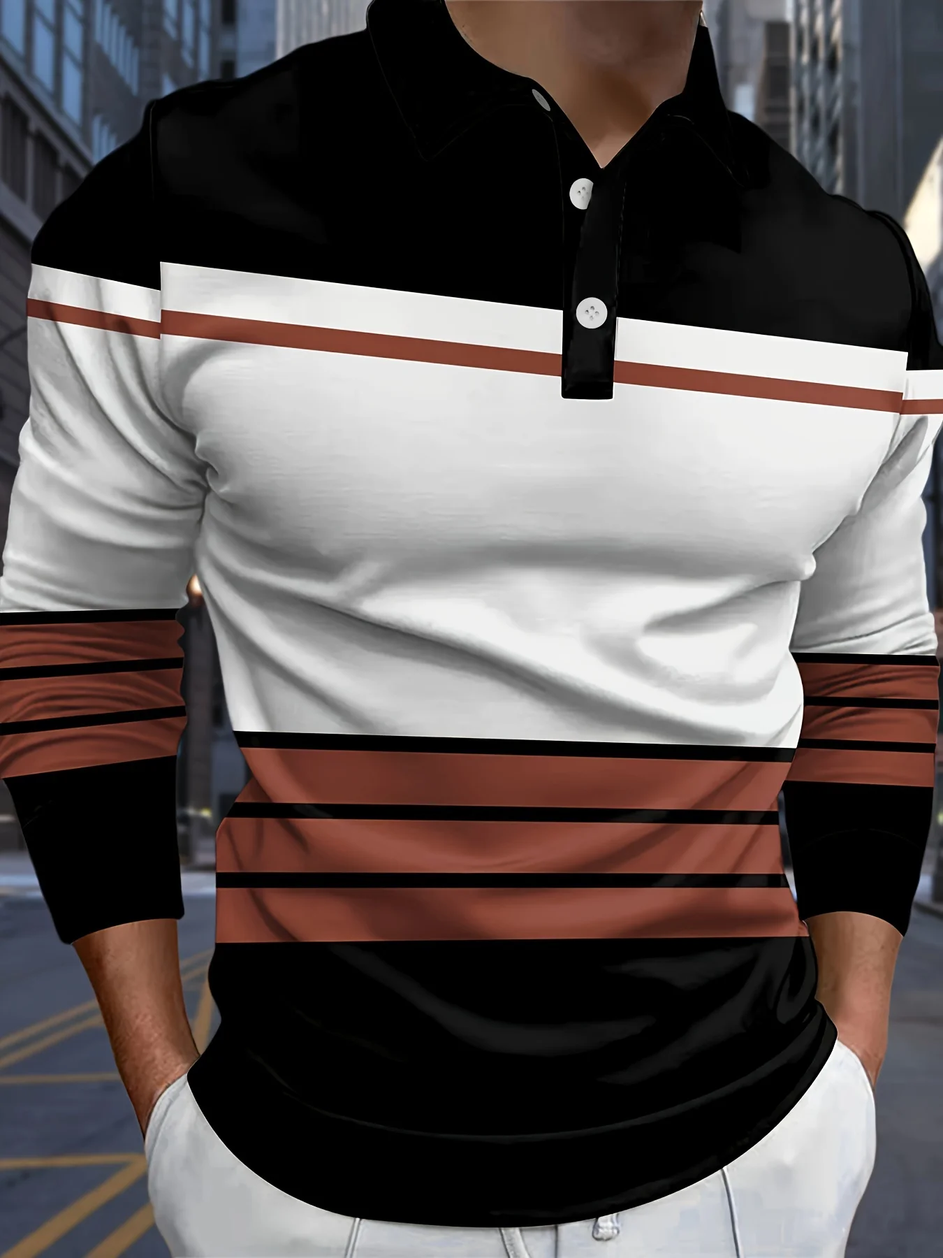 

3D Stripe Pattern Print Men's Polo Shirts Casual Street Lapel Golf Wear Men Tops Fashion Sport Comforts Men Long Sleeve T-Shirt