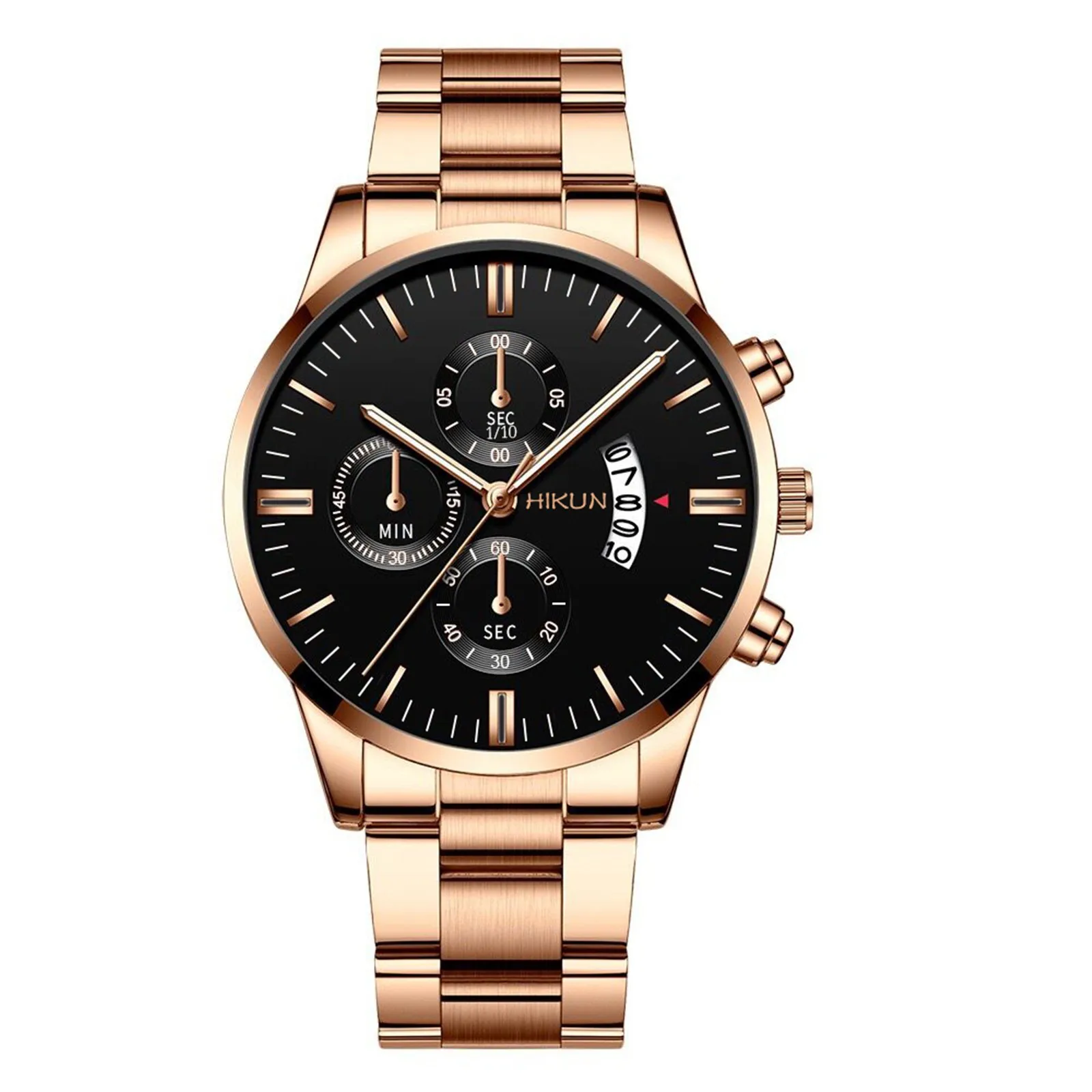 Men’s Sleek Minimalist Fashion And Casual Business With Stainless Steel Band Three Eyes Round Dial Calender Quartz Watch