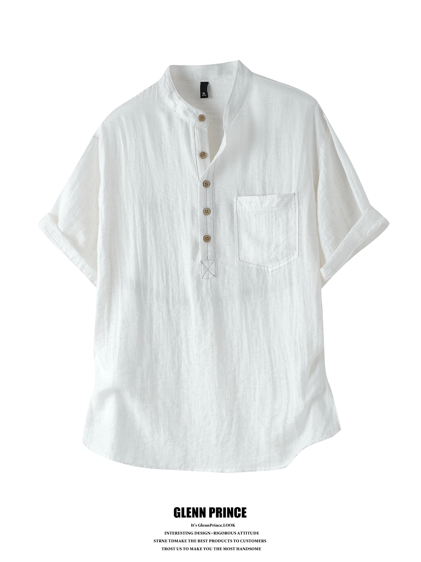 

GPstudio Japanese Style Retro Henry Collar Linen Short Sleeve Shirt Men's Summer Thin High-End Large Size Shirt Breathable An...