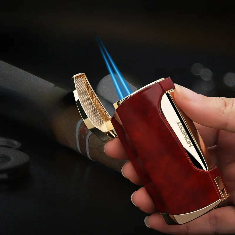 2026 Unique HONEST Inflatable Windproof  Dual Fire Jet Metal Lighter Have Cigar Hole Smoking Accessories with Gift Box Optional