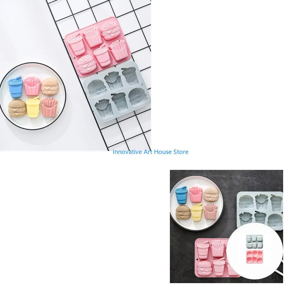 E1PC Multipurpose 6 Cavity Silicone Mould Features Burger Fries And Drink