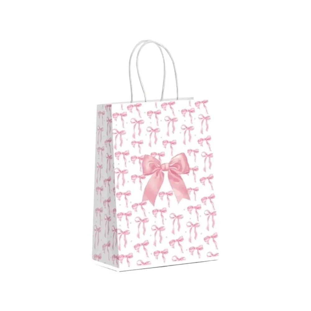 5PCS Sweet Pink Paper Gift Bags Handheld Design Paper Material Candy Tote Bag White Bow Bow Themed Party Paper Bag Anniversaries