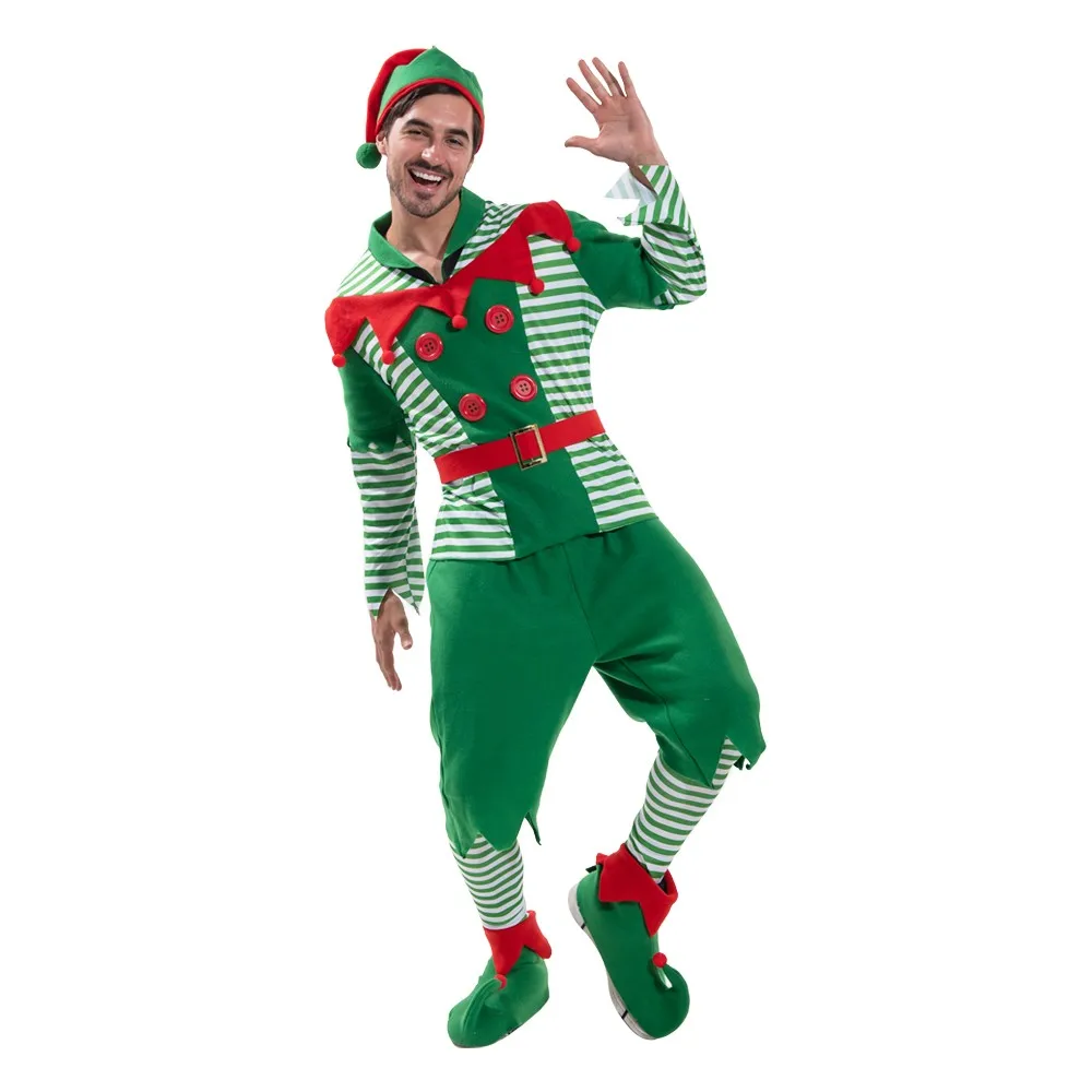 

Merry Christmas Santa Claus Costume Green Elf Cosplay Family Carnival Party New Year Fancy Dress Clothes Set For Men