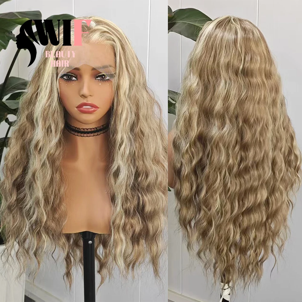 WIF تسليط الضوء على شعر مستعار اصطناعي بني خط شعر طبيعي فضفاض موجة الدانتيل الجبهة الباروكات مزيج الشعر البني ألياف الحرارة ماكياج الاستخدام اليومي للنساء #1