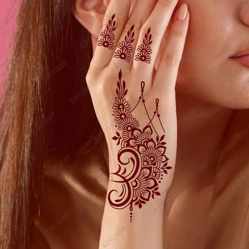 Brown Henna Tattoo Stickers for Women Waterproof Flower Temporary Tattoos Fake Henna Hand Tattoo Mehndi Body Stickers