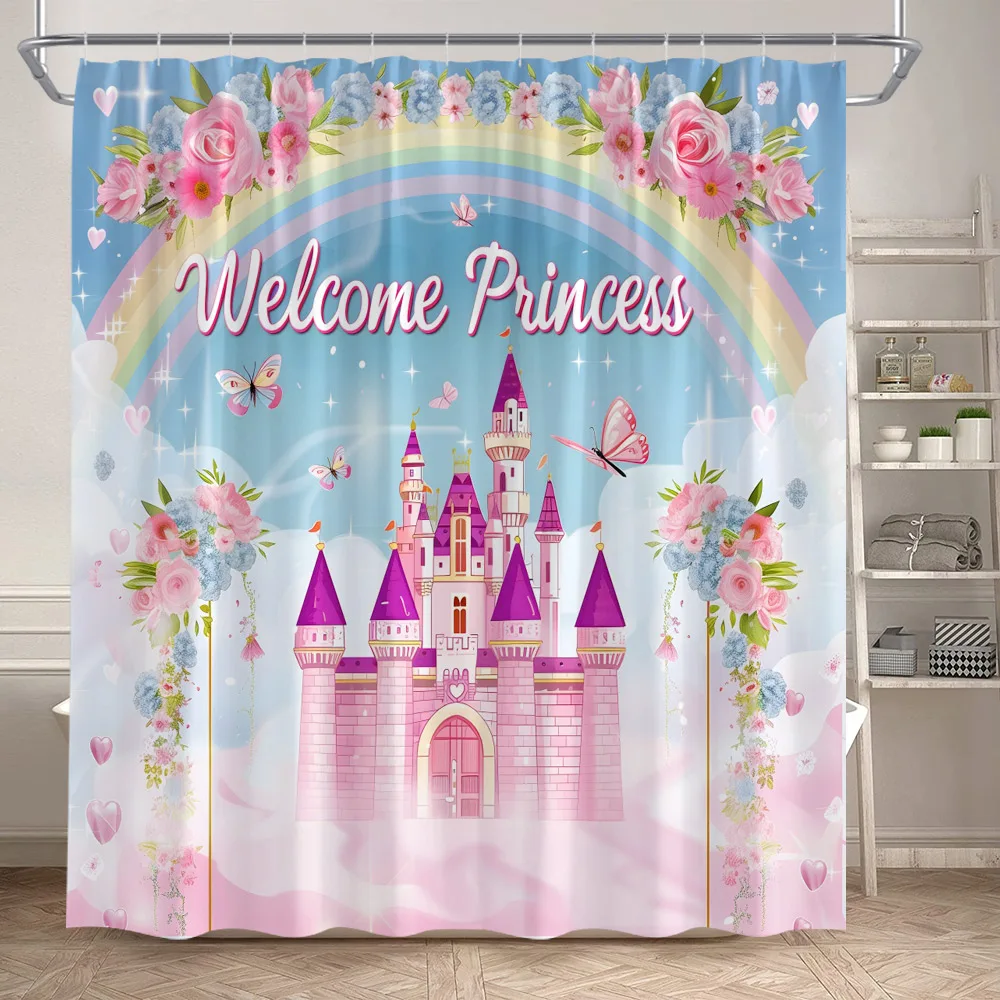 Cartoon Princess Castle Shower Curtains Pink Rose Floral Butterfly Rainbow Girls Bath Curtain Set Children Home Bathroom Decor