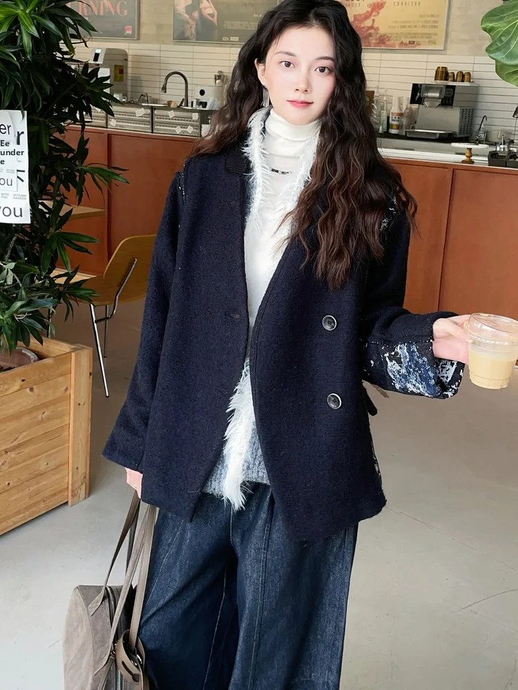 

Iantsui 2025 Осенне-зимнее утепленное шерстяное пальто с пэчворком и V-образным вырезом, женское, теплое, повседневное, двубортное, из чистой шерсти