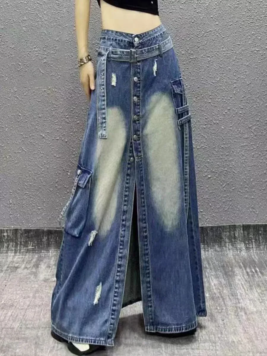 Personalizado cintura alta fenda meados de comprimento denim saia para mulher 2025 nova primavera verão solto grande bolso vintagea buraco saia