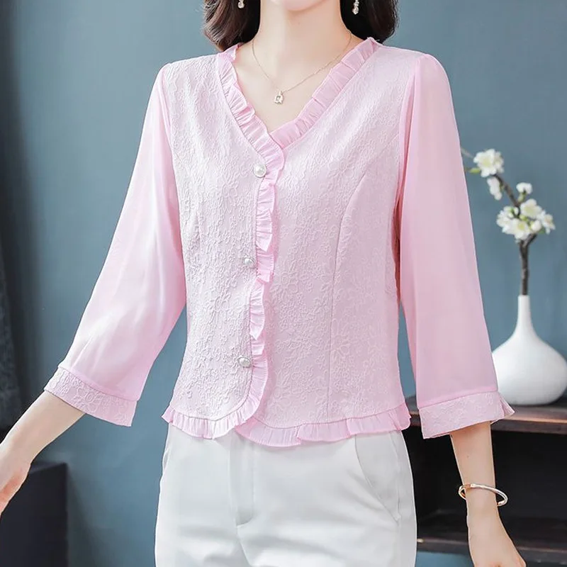 Chiffon 3/4 Sleeve Solid Color Blouse Summer New Lace Patchwork Loose Irregular Elegant Shirt Tops Vintage Fashion Women Clothes
