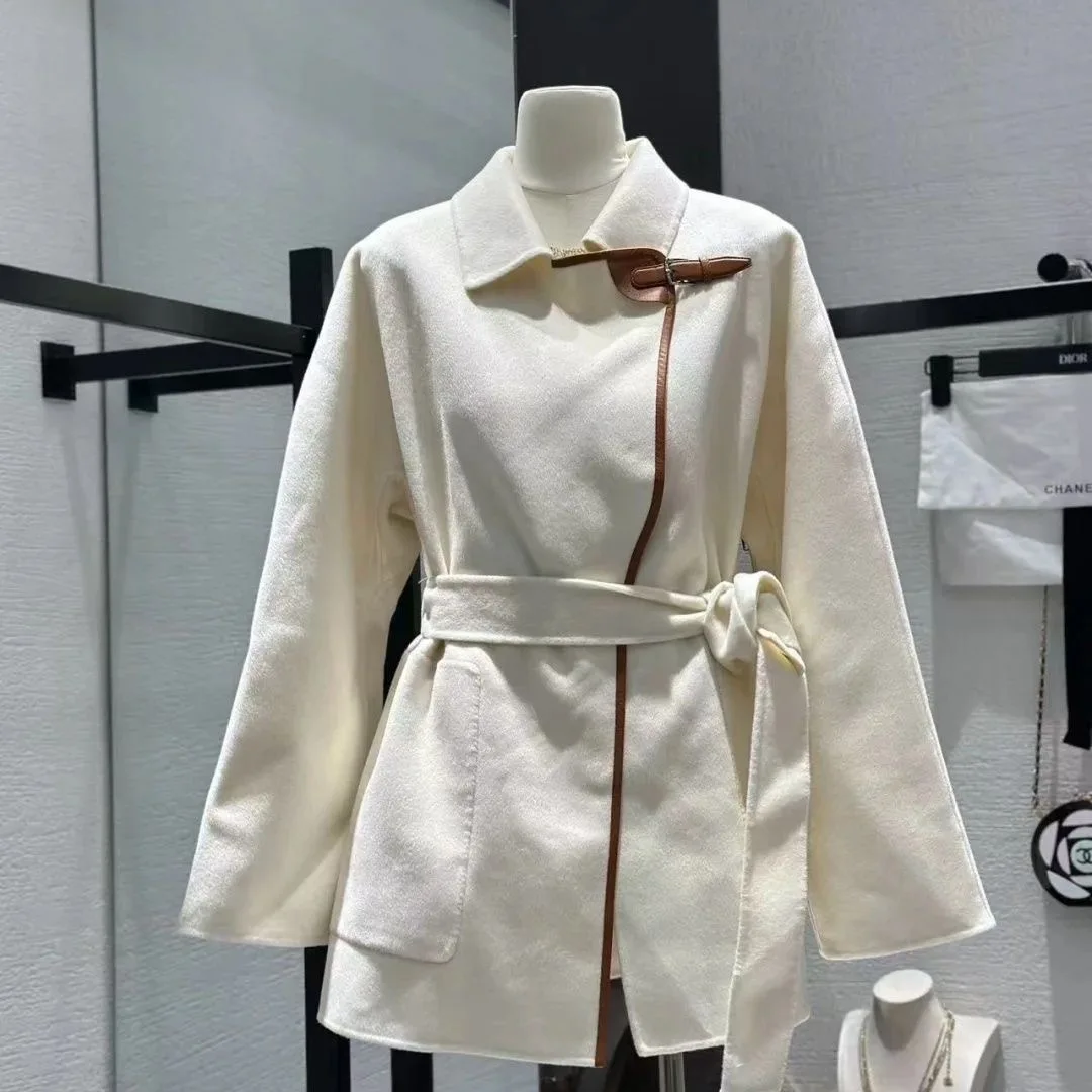 

Clothland Women Stylish White Woolen Jacket Sashes Long Sleeve Female Chic Office Wear Casual Outwear Coats CB277