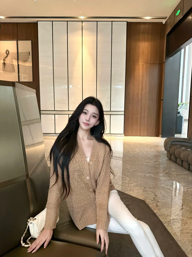 

M900 Knitted Open Cardigan Women's Loose Hollow Lazy Sle Small Size Autumn Winter New Arrival Sweater Jaet Button Detail