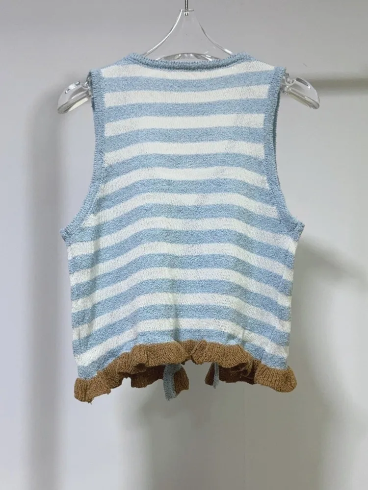 New Sweet Women Sleeveless Pullover Knitted Vest Jacket Beading V-Neck Striped Waistcoat Summer Lady Harajuku Casual Short Tops
