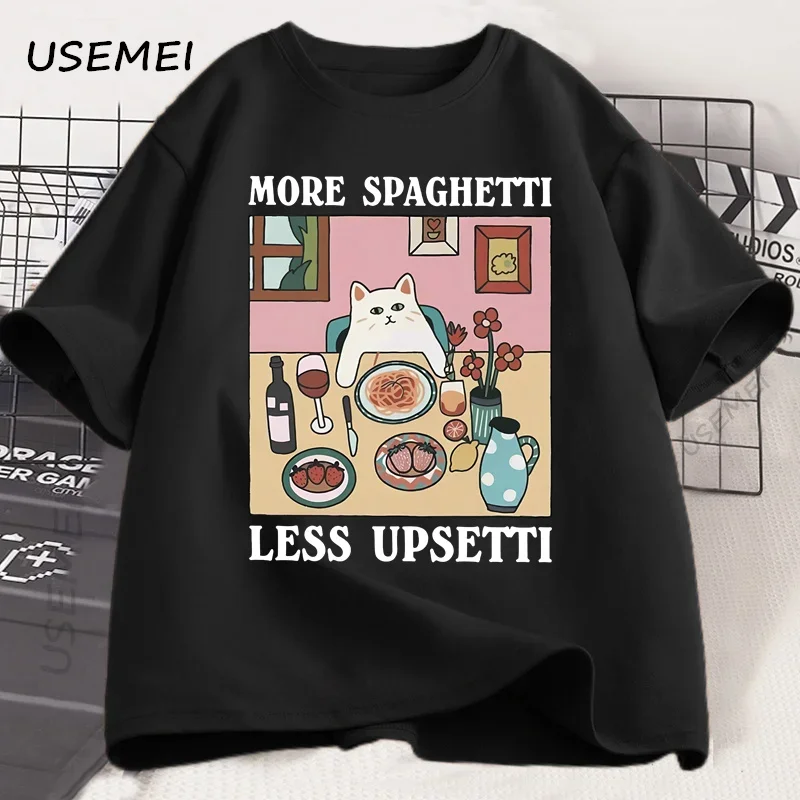 Meer Spaghetti Minder Upsetti Kat T-shirt Grappige Kat Minnaar Tee Voedsel Humor Grafische Top voor Mannen Vrouwen Casual Losse Katoenen Print Tee
