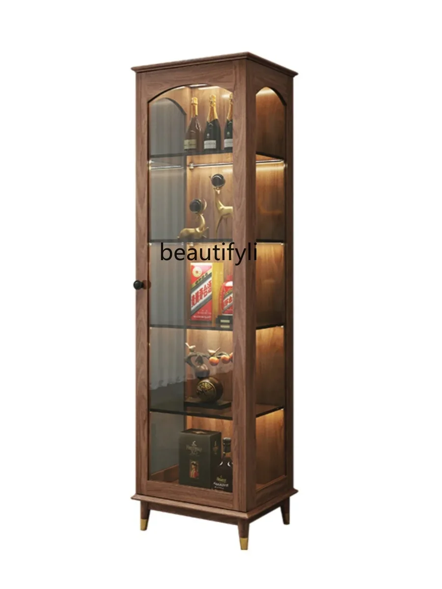 

North America Black Walnut Wooden Liquor Cabinet Solid Wood Bookcase Display Cabinet Glass Multi-Functional Side Cabinet