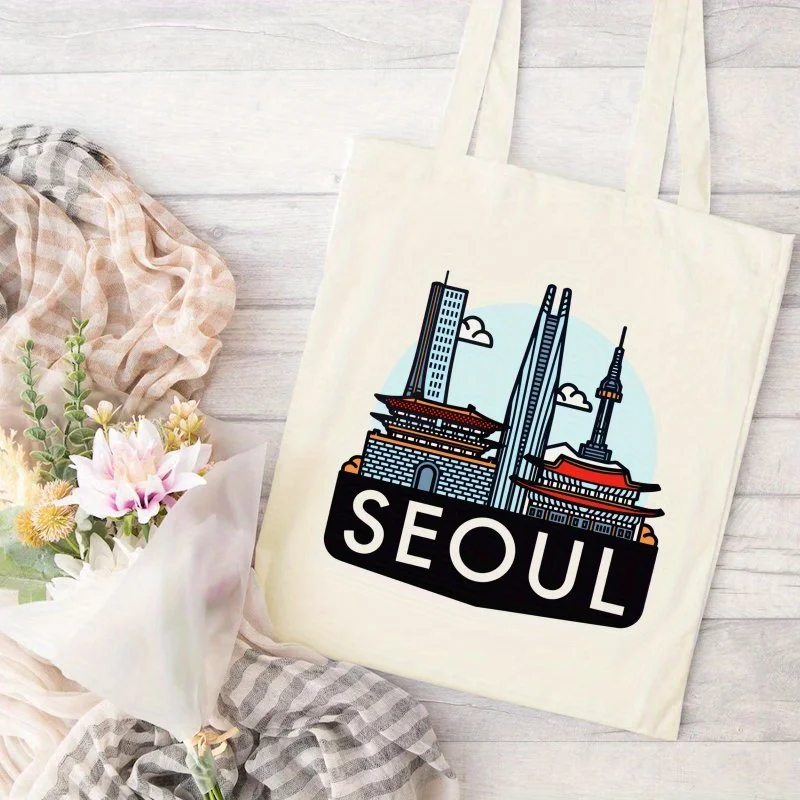 This Korean-style aesthetic canvas tote bag，Printed with a Seoul design，This is a spacious and stylish bag，Perfect for outdoor p