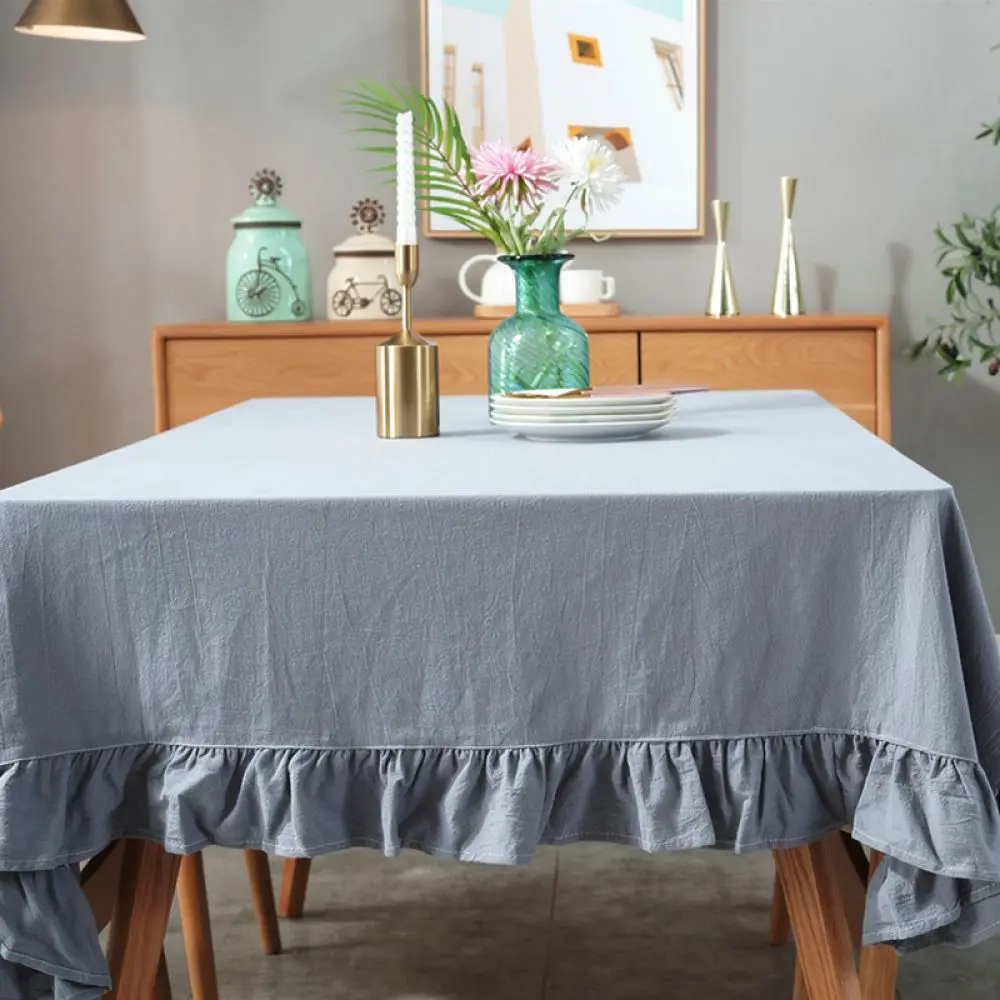 Rustic Cotton Linen Table Cloth Soft Ruffled Trim Minimalist Table Cover Decorative Protection For Dining Room Desk