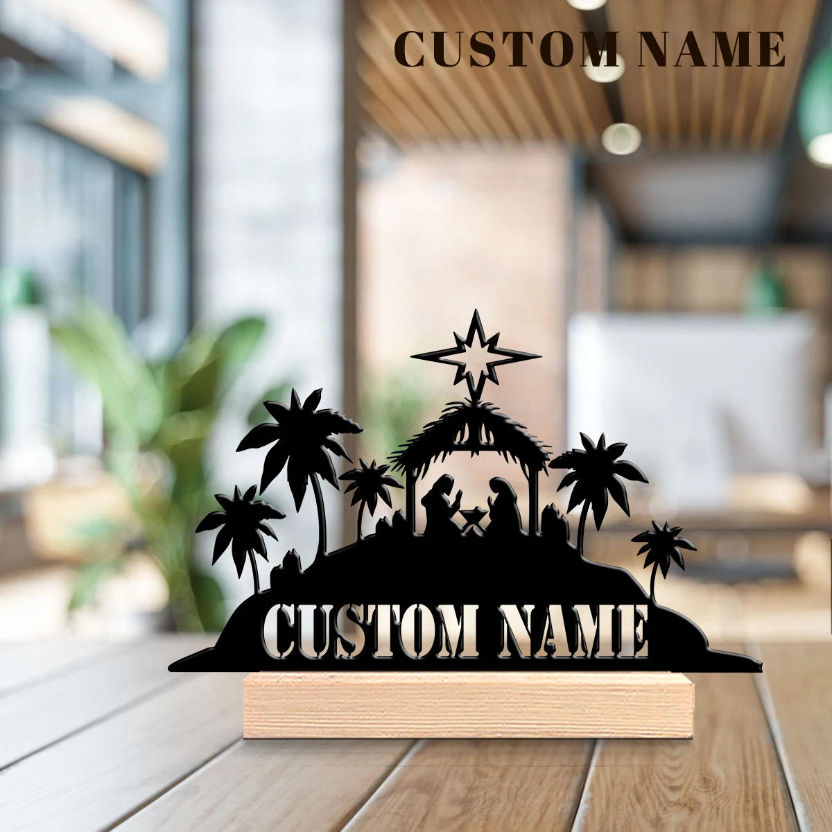 1pc Interesting Metal Desktop Decoration Custom Content Equipped with A Wooden Base Art Decoration, Desktop Decoration
