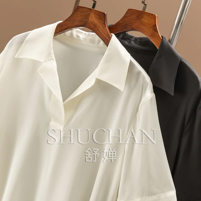 Exquisite Workplace, Simple Temperament Commuter Lapel Short-sleeved Silk Shirt Women Blouse  4Z31