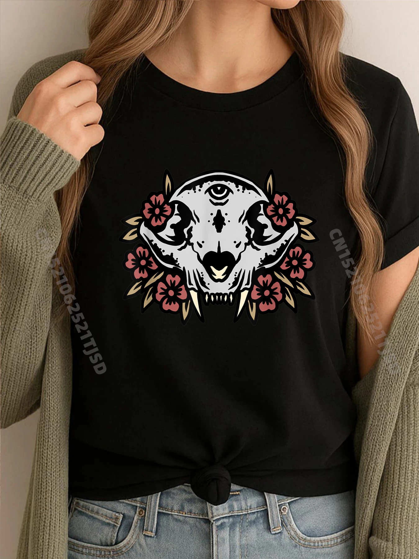 

Skull Cat Kitty Skeleton Halloween Costume Flower Skull Rose Woman Graphic Tees Oversized T Shirt