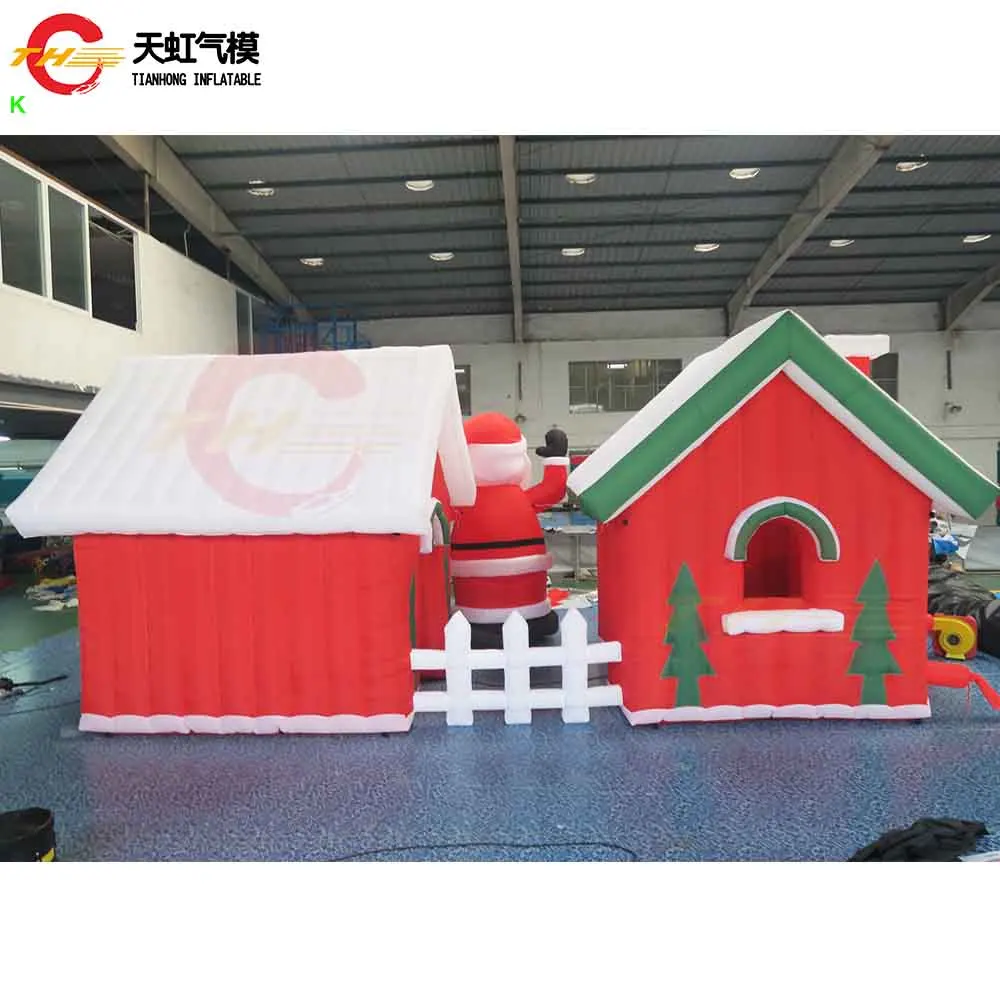 Snelle verzending 7x3m/8x4m opblaasbaar kersthuis met kerstman gigantisch opblaasbaar kersthuis met hek te koop
