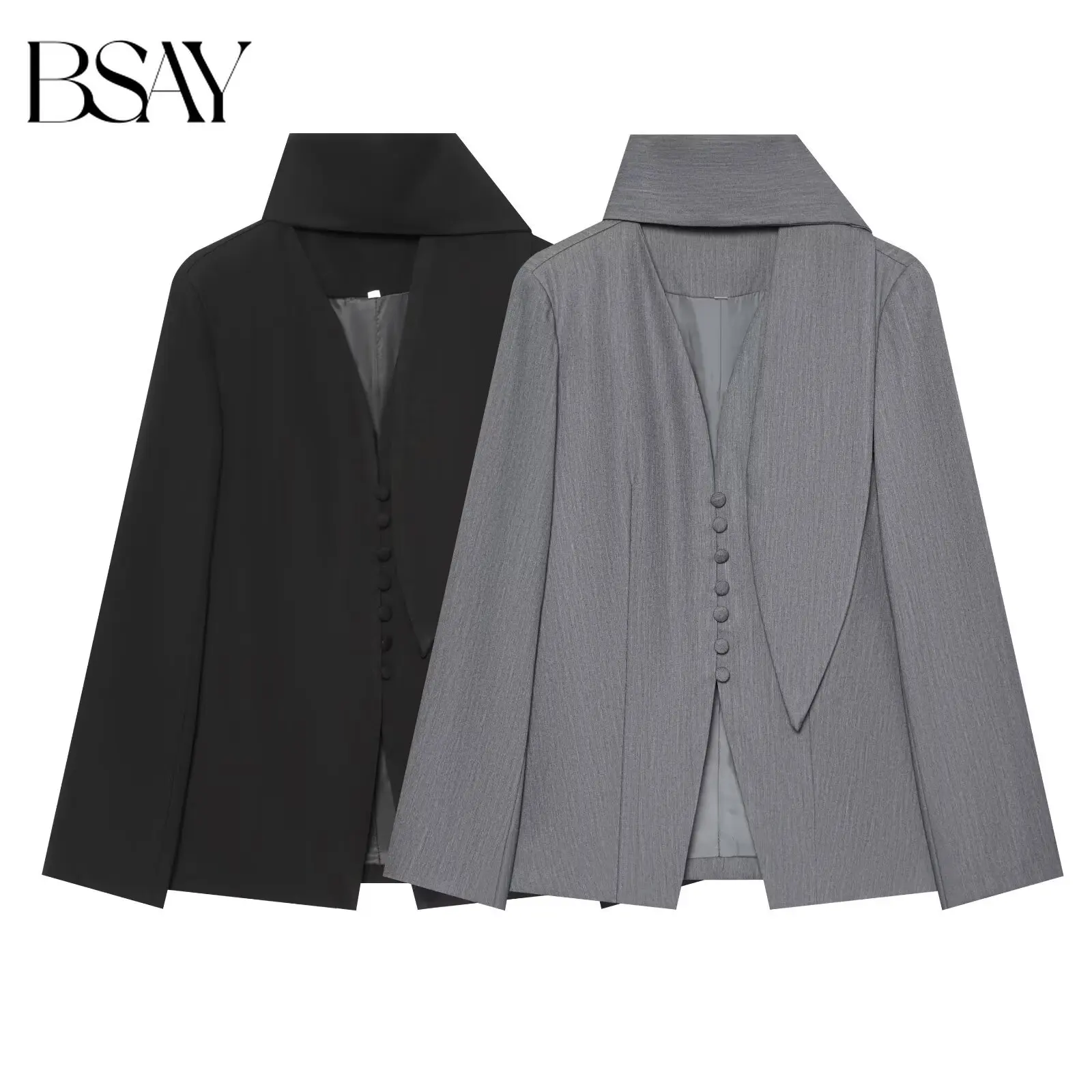 BSAY Women Elegant Scarf Lapel Collar Blazer Single Breasted Covered Buttons Neck Long Sleeve Solid Business Casual Suit Jacket