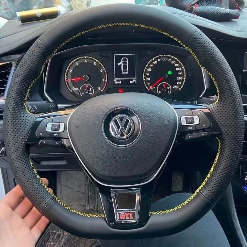 

100% Fit For Volkswagen VW Golf 7 Polo 5 Arteon Passat Tiguan 2013-2021 Hand-stitched Genuine Leather car steering wheel cover