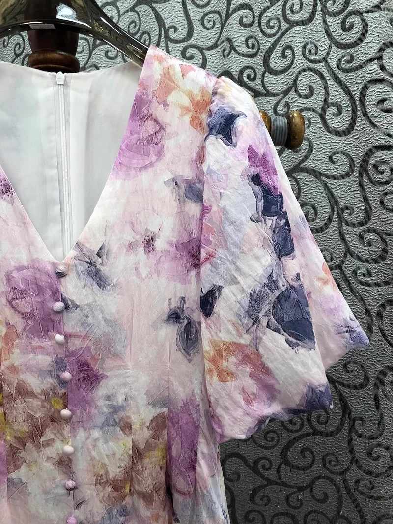 Newest Fashion Summer Dress 2024 High Quality Clothes Women V-Neck Purple Floral Print Tunic Button Short Sleeve Midi Boho Dress