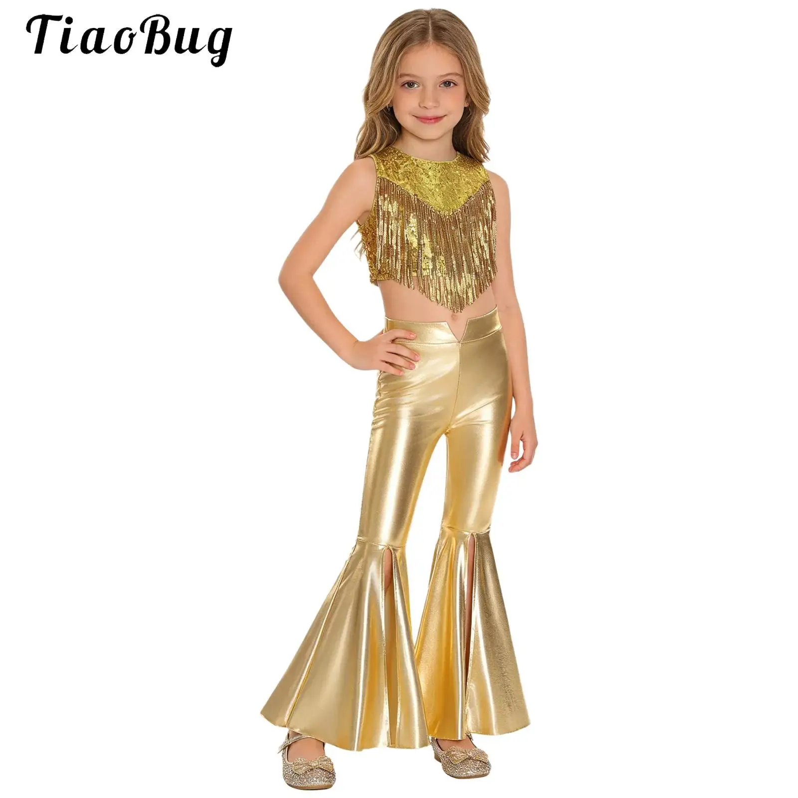 Kids Girls 70S Disco Hippie Costumes Metallic Shiny Sleeveless Tassels Sequins Crop Top with Bell-Bottom Pants Jazz Dancewear