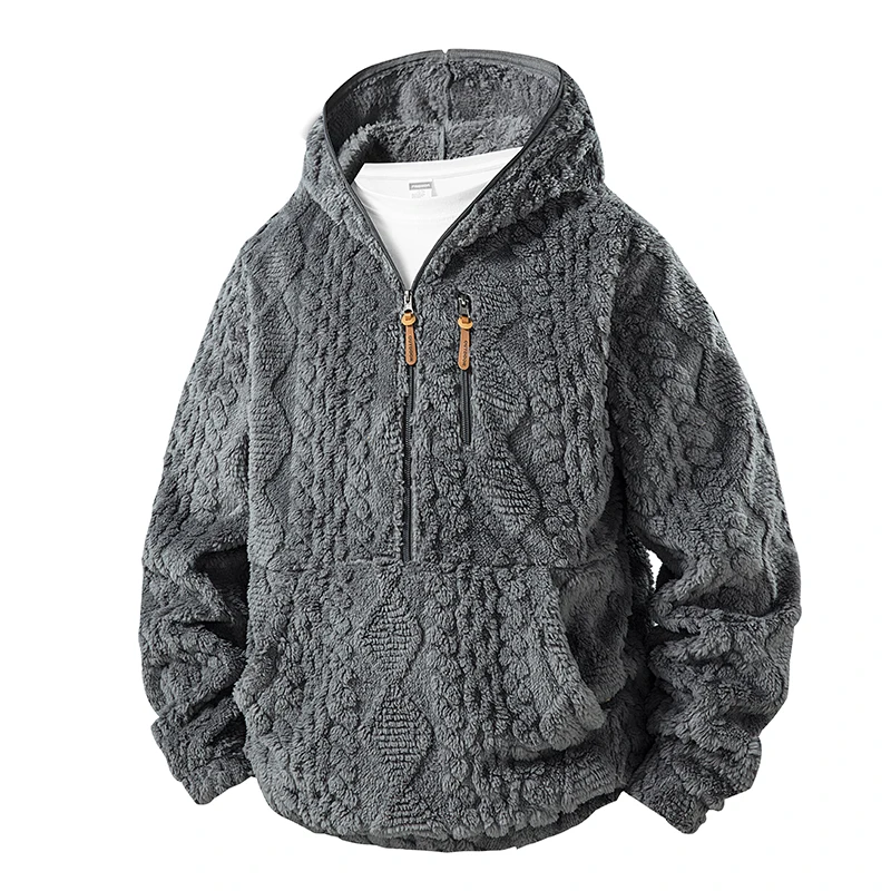 Textured Sherpa Fleece Men Hooded Pullover Half Zip Warm Plush Winter Casual Outdoor Thermal Hoodie Jacket