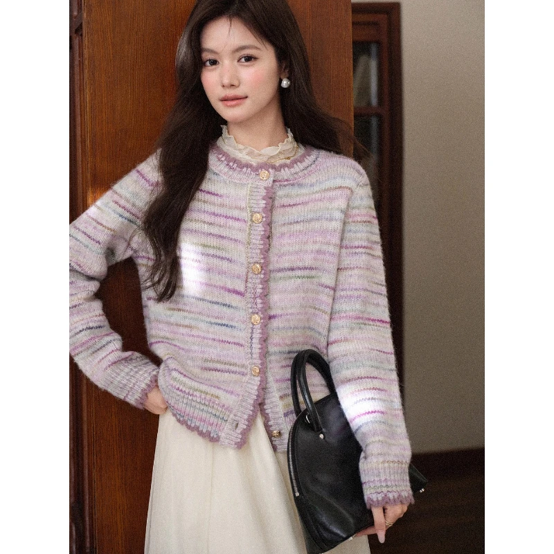 

ALXNAN Women's Cardigan Round Neck Button-front Striped Color-blocking Knitwear Regular Shoulder Elegance Soft Ladies Top L59007