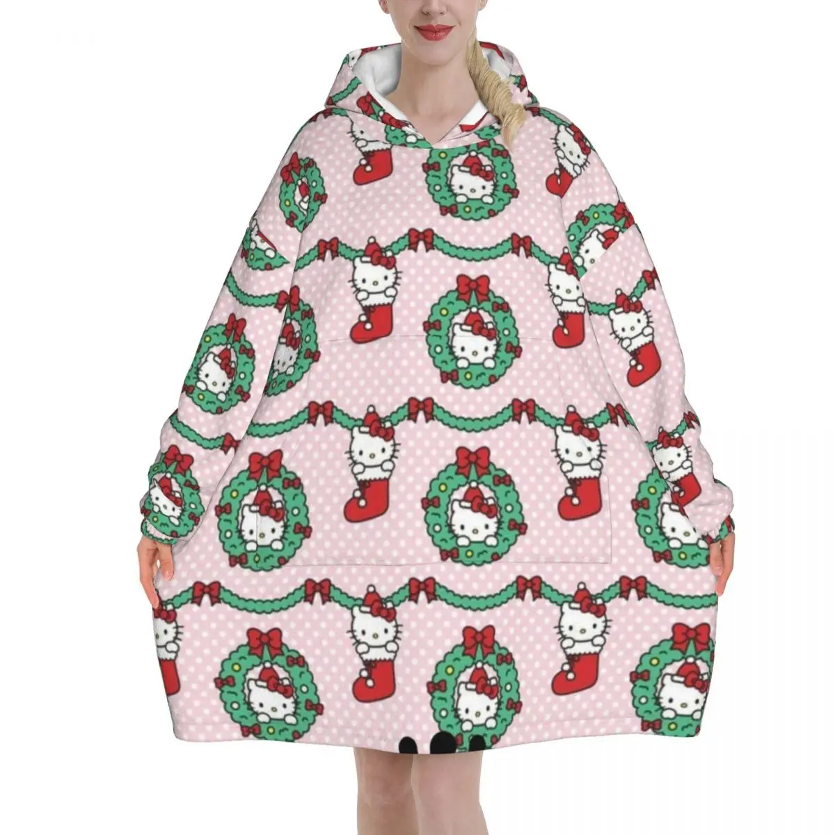 

Носимое одеяло Hellos Kittys, Рождество, зима, снег, Санта, толстовка с капюшоном для женщин и мужчин, толстовка большого размера, одеяло с карманом