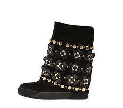 Black Chain Round Toe Boots Cow Suede Wedge Heek Boots Women Height Increasing Metal embellished Slip On Winter Boot Shoes Woman