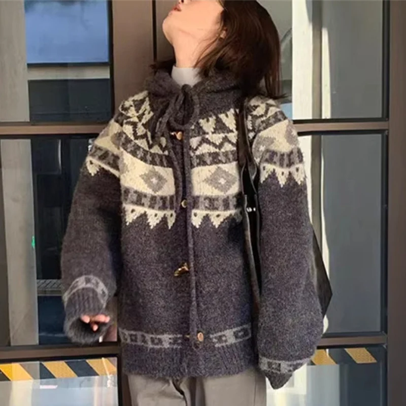 빈티지 페어 아일 니트 가디건 여성 일본 스타일 혼 버튼 스웨터 코트 여성 루즈 후드 롱 슬리브 가디건 여성용