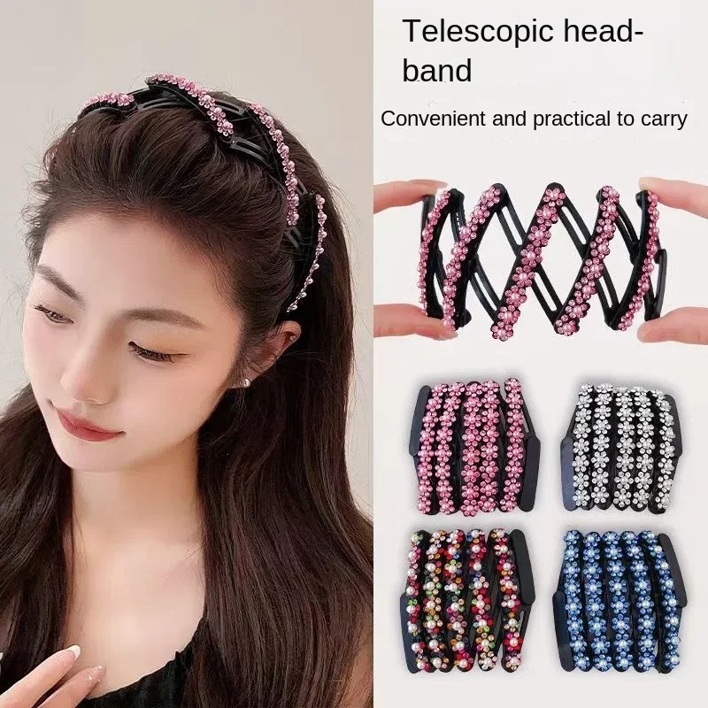 

New Retractable Folding Headband Rhinestone Flowers Non-slip elegant Hair Accessories traveling headband pearl hairband