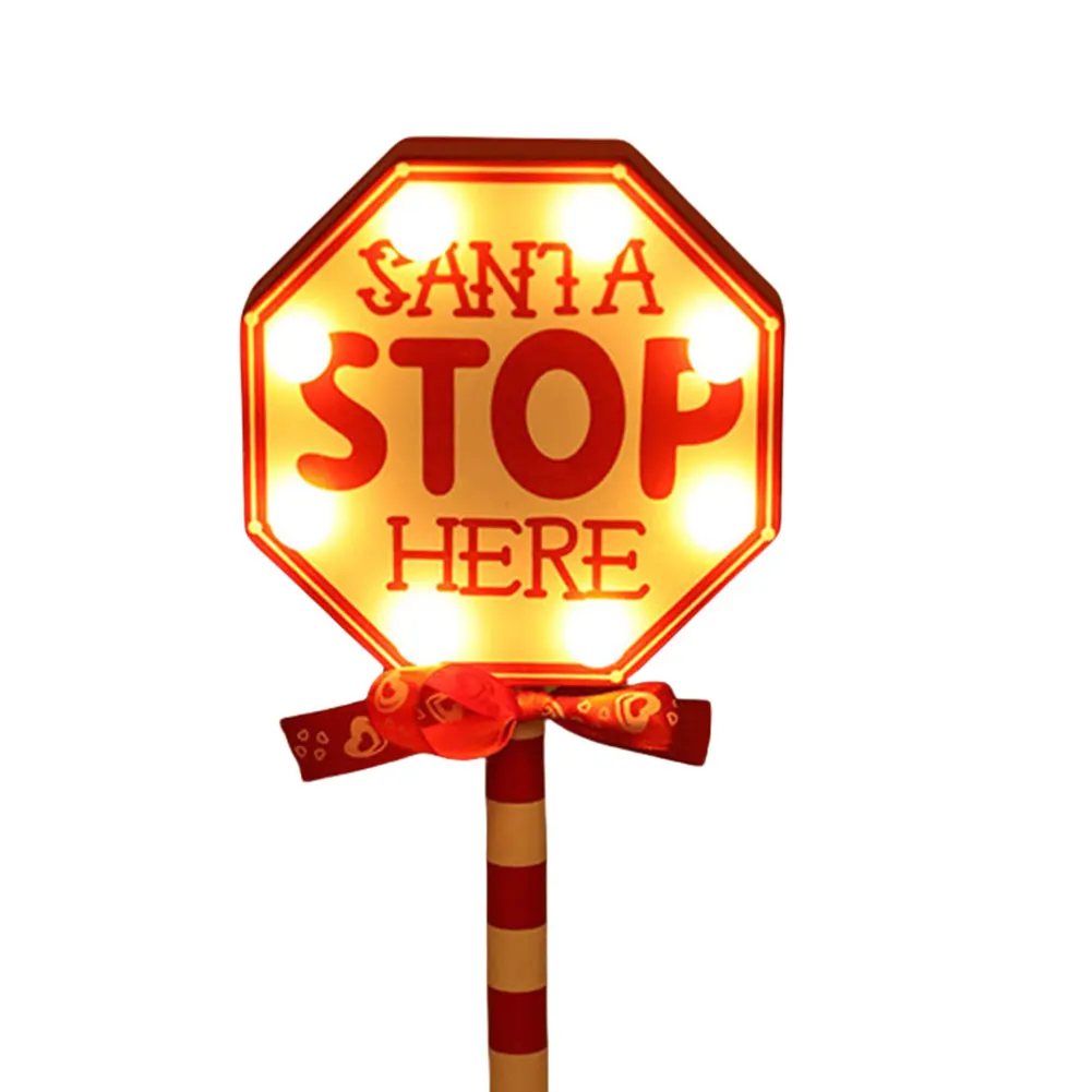 Santa Stop Here Sign LED Light Yard Sign Decorations Wooden Xmas Table Decoration Warm Light Christmas Sign Lamp for Home Office