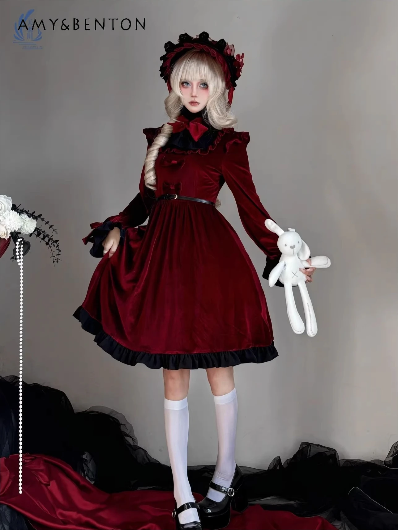 

Lolita Subculture Cute Bow Stand Collar Long Sleeve Dress Elegant Court Style Vintage Slim Patchwork Princess Evening Dresses