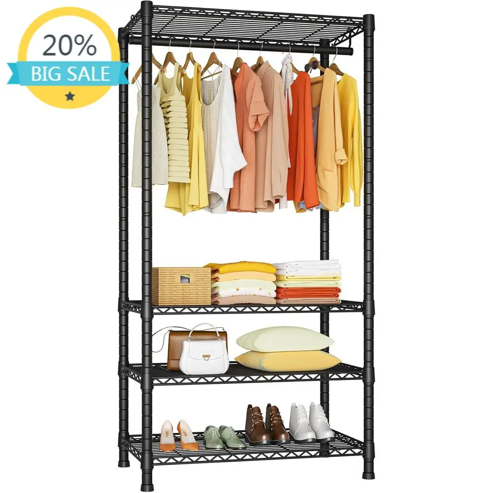 

Sturdy 4-Tier Hanging Garment Rack with Shelves, Heavy-Duty Metal Closet Organizer, 500 lbs Capacity, Black