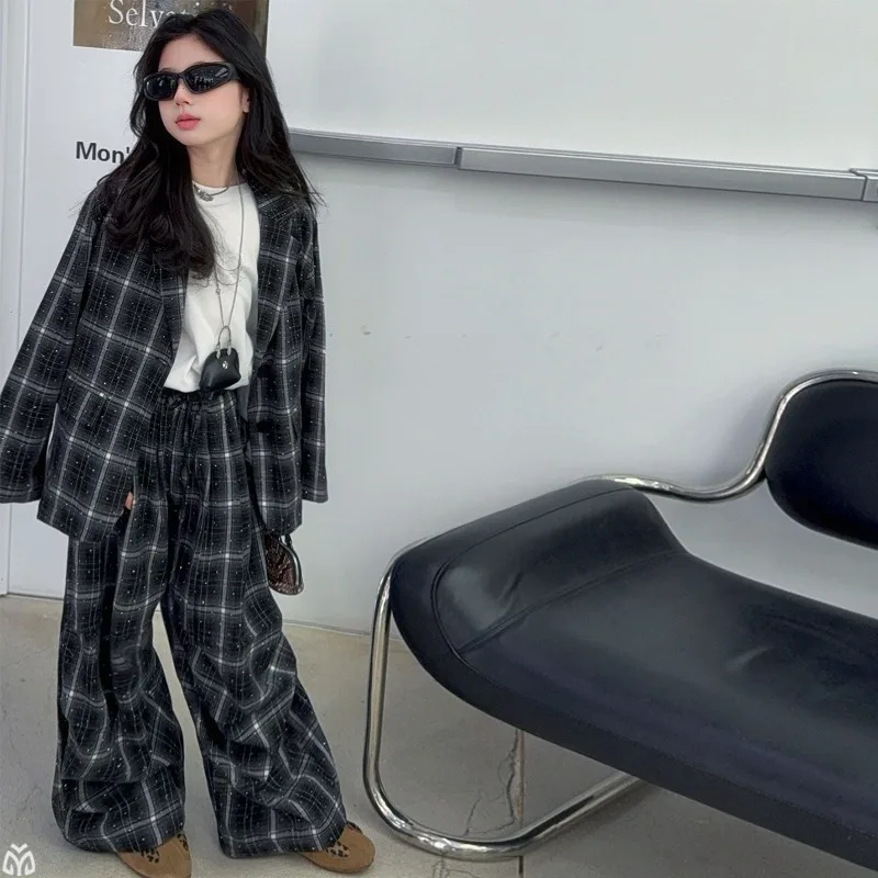 Girls 2026 New Spring and Autumn Korean Version Fashion High Sense Casual Daily Wear Hot Diamond Plaid Suit Suit